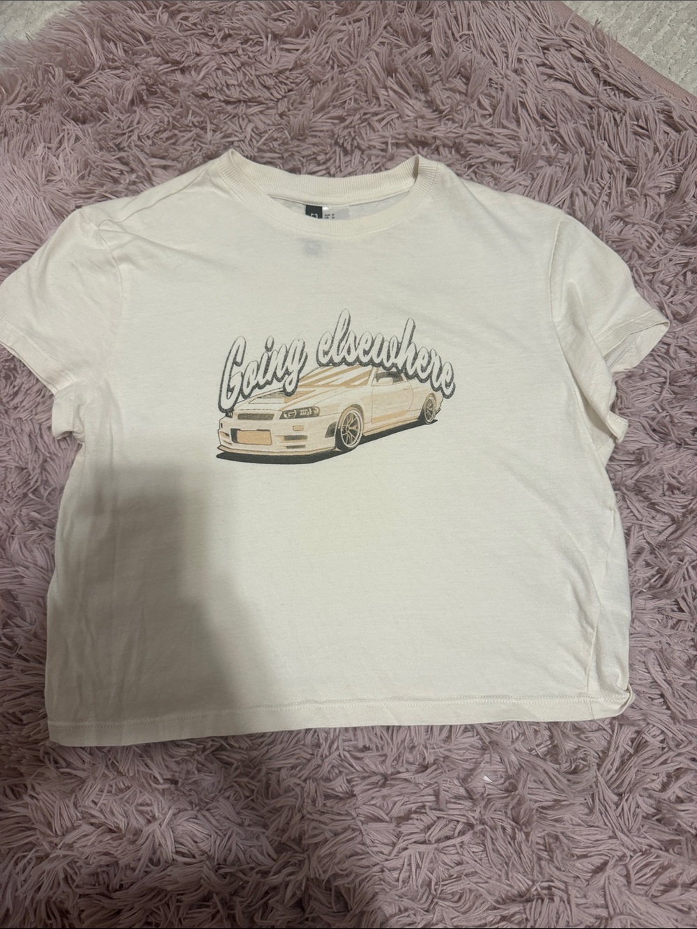 H&M White Graphic Tee with Beige Car Print